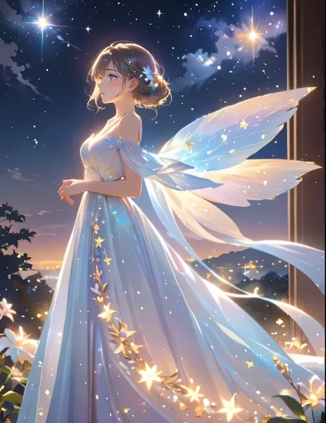 (best quality,4k,8k,highres,masterpiece:1.2),A girl standing alone under the starry night sky, with her silhouette illuminated by the soft moonlight and twinkling stars. Her face is beautifully detailed, with sparkling eyes, long and fluttering eyelashes, ...