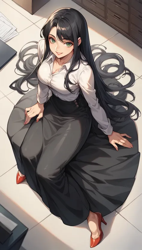 ((masterpiece, high resolution, better quality, better details)), ((Smiling)), ((one girl)) a girl sitting in the office, full body, maxi skirt, long skirt, ((long skirt without openings)),((louboutin high heels)), green eyes , ((black hair, long hair)), s...