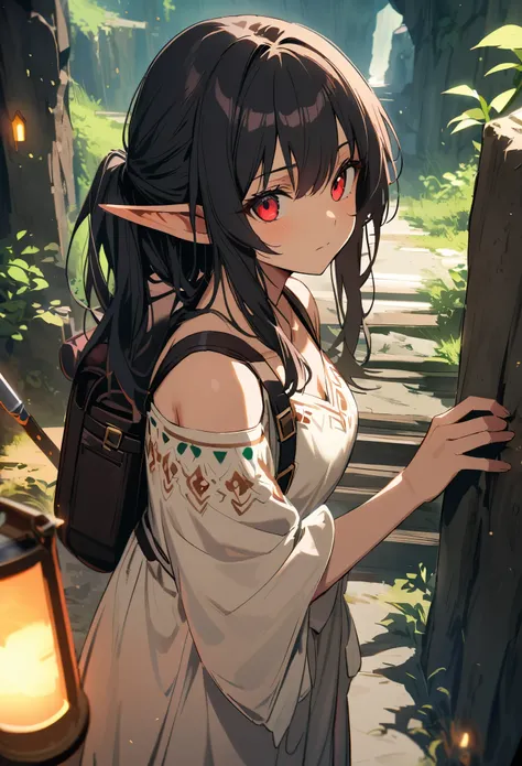 24 years old, Elf girl, (short black hair), red eyes, gorgeous beautiful fantasy white elven long gown with embroidery and green outlines, backpack with tools, underground cavern, stern emotion, natural, masterpiece, best quality, dreamlike charming