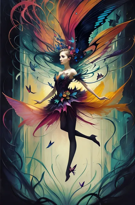 chaos, elegant, vivid colors, art by Anne Bachelier, Atmospheric, a girl, elegant, butterflies, blooming flowers, in motion, Dramatic, full body, organic composition