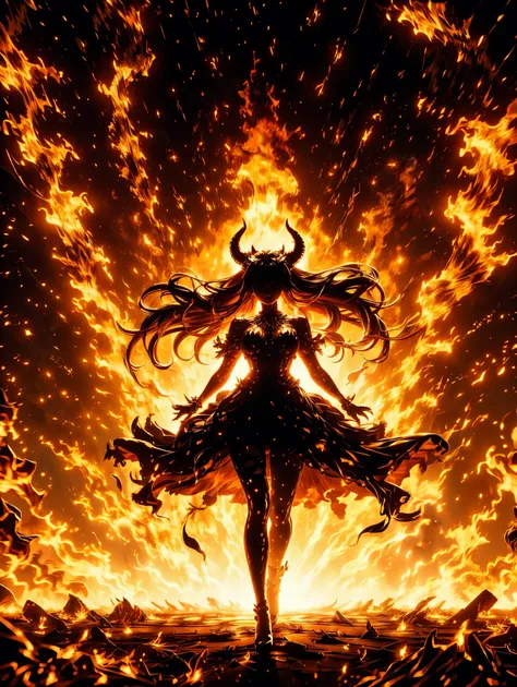 a fiery demoness with glowing orange eyes, horns illuminated by surrounding flames. she stands with her body adorned in shimmeri...