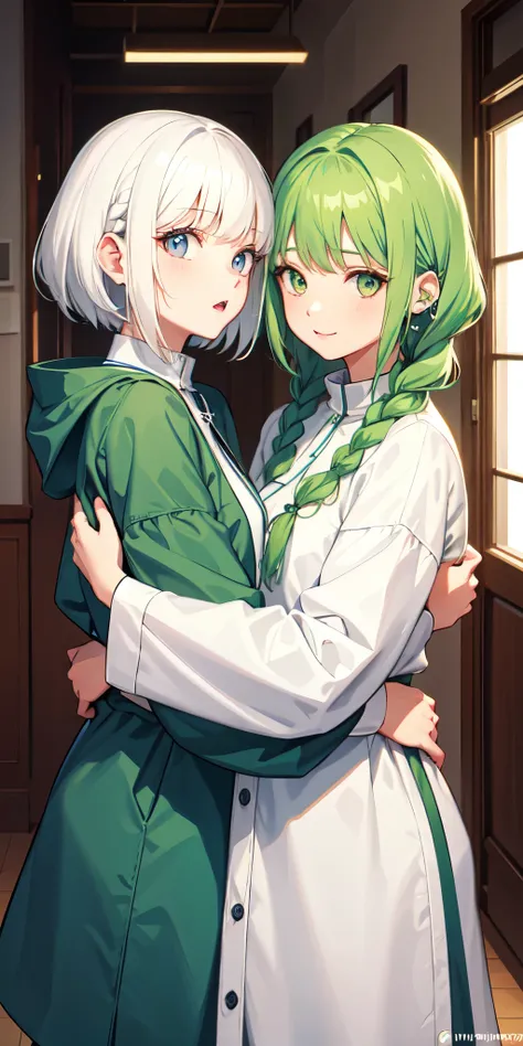 2 girls, short hair, white hair, in headphones, smock
green hair, with two braids, hugs 