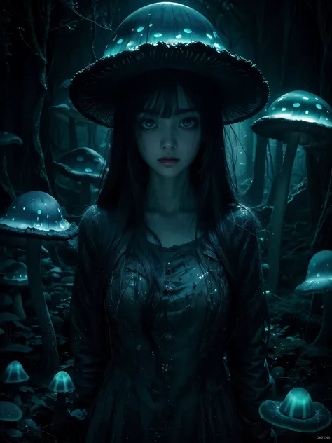  [by Junji Ito], dark horrorscape, [detailed shadows], [veins], (bioluminescent mushroom forest), 1girl, gigantic cosmic eyes, streaming tears, spiraling fungus, HDR, tatiana.milovani 