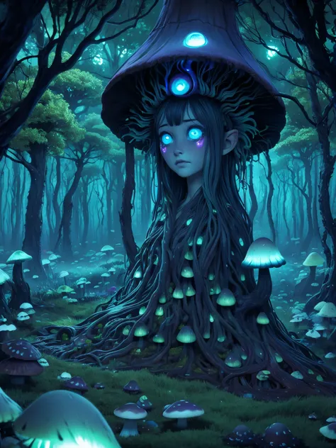  [by Junji Ito], dark horrorscape, [detailed shadows], [veins], (bioluminescent mushroom forest), 1girl, gigantic cosmic eyes, streaming tears, spiraling fungus, HDR, tatiana.milovani 