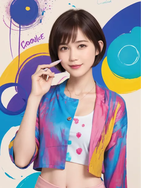 304 (20-year-old woman,   short bob hair), (A kind smile), (colorful), ((  charactersＴshirt)), Wear long pants  ,   abstract splash paint, (Doodle:1.46), (Chest:1.46)