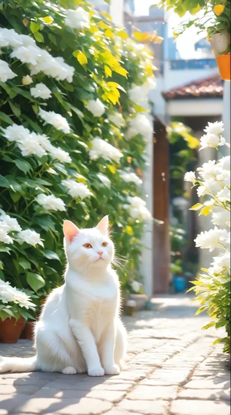 Sunbathing scene, cat sunbathing scene, pure white cute cat, lying down, all white, alley scene,