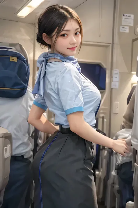 (masterpiece:1.2, Best Quality:1.2), 32K HDR,  High Resolution , (Alone、1 girl)、（on board、Professional Lighting）、In-flight background、（ANA flight attendant uniform blueを着たリアルスタイル）、（（ANA flight attendant uniform blue short sleeve blouse 、 ANA flight attenda...