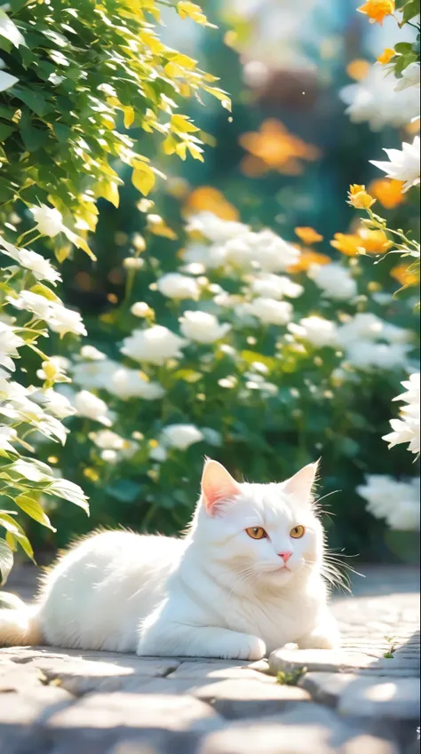 Sunbathing scene, cat sunbathing scene, pure white cute cat, lying down, all white, alley scene,