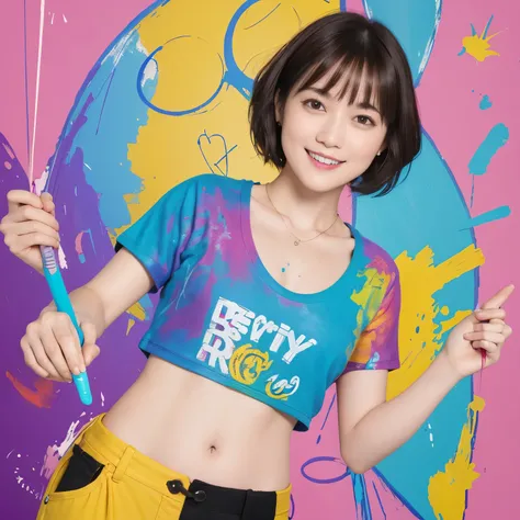 304 (20-year-old woman,    short bob hair), (A kind smile), (colorful), ((  characterＴshirt)), Wear long pants  ,   abstract splash paint, (Doodle:1.46), (Chest:1.46)