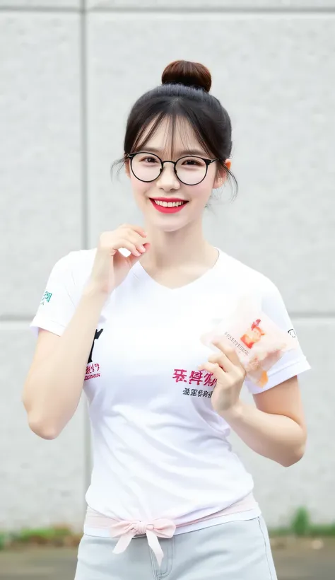 Beautiful girl  taking a selfie、Clear facial skin、Glowing facial skin、Thin face、Thin Nose、Big smile、Perfect body、(Big Breasts:1.3)、(Plus Size Model:1.3)、White T-shirt、 wall background、White skin、Natural Makeup, brown short curly hair, circle glasses