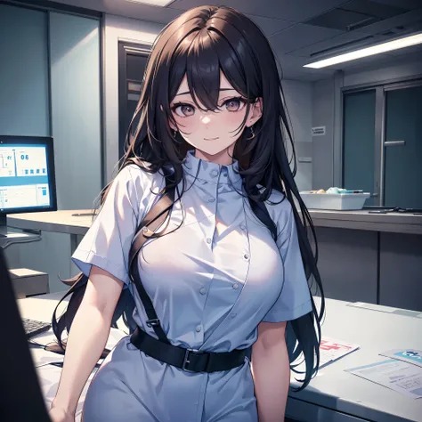 zoom out, Burst Out Laughing, hospital, clinic, wear scrubs, White or pale blue scrub clothing, a nurse aide, with long dark hair, piercing gaze, and a stern expression, smile, no cap, full body view, high resolution, detailed, anime-style illustration, be...