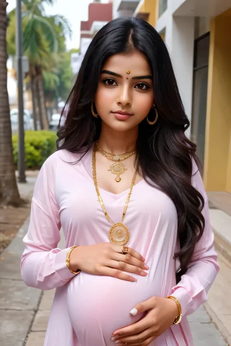 s cute little beautiful white cute face with  beautiful stylish indian girl only baby pic with gold chain, neckalce ornaments with different modern long hair style with his cute cute baby pic with pregnant with stylish pink colour modern trending modern co...