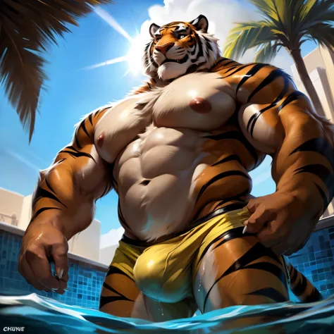 Tiger, Male, Solo, Muscular, Big Pecs, Nipples, Tattoo on Chest, Wearing Shorts, Daddy, Beefcake, Handsome Face, Avoid Eye Contact, 1Hand on Head, 1Hand on Hips, Legs Submerge in Water, Pool Background, Wet Body, Smile, Claws, Fur, Tail, Tiger Eyes, Dick B...