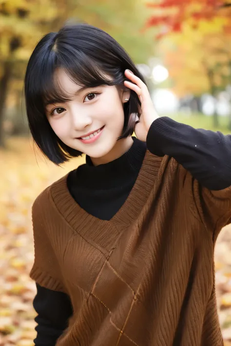 22 years old（young）、black hair bob、natural and light makeup、It seems like autumn、smiling face、Japanese、natural finish、Toward the autumn leaves、portrait image、cute