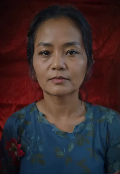 realistic photo , 50 year old Indonesian woman wearing a blue dress with dark hair