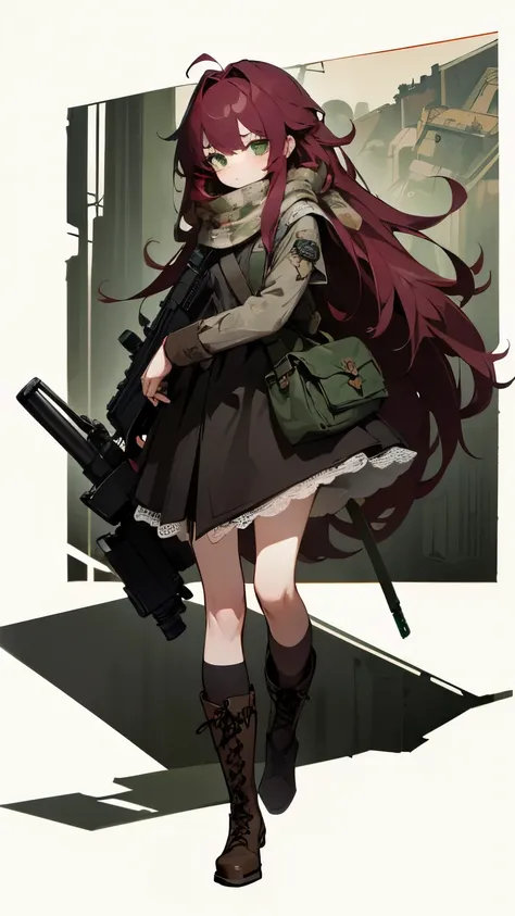  a beautiful young girl with long maroon hair 、Messy Hair,Immature, A small and cute girl 、Carrying a rifle bigger than her body、Deep green eyes、whole bodyショット、 looking at the camera with a cold gaze 、(Best Quality、4K、8k、highres、masterpiece:1.2)、 Ruined Wo...