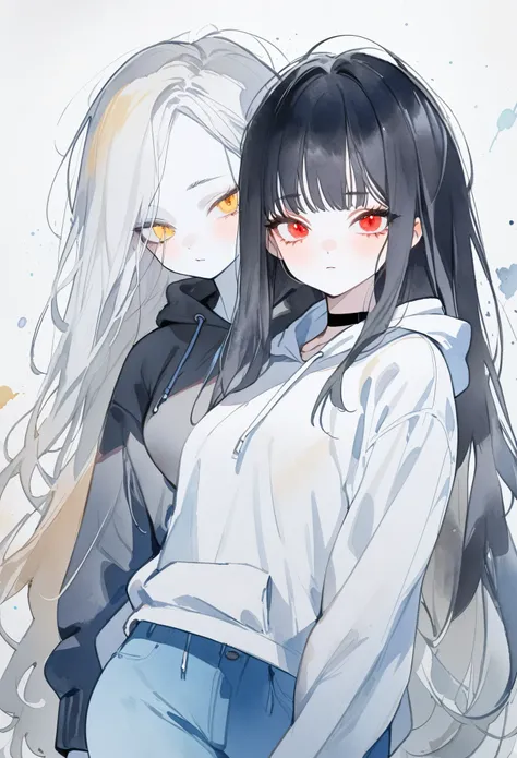 (1 female:white hair,long hair, straight hair,red eyes,narrow eye,eyebrows, eyelashes,black nail polish,long nails, black hoodie,black choker,medium breast),(1 boy: black hair,short hair,yellow eyes,messy hair,white hoodie, blue pants),white skin,albino,fr...