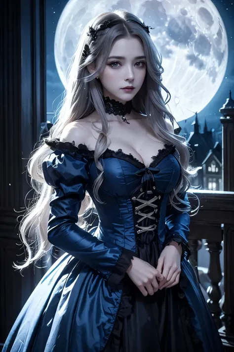 (masterpiece), ((best quality)), (super detailed), (photorealistic), 19th century style woman in blue dress, ((very delicate beautiful face but sad)), dark silver-grey medium length hair with loose curls, exquisite details, painterly portrait, ((blue hallo...