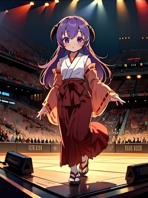 anyuu , 1girl, Alone, purple eyes, horns, long hair, purple hair, japanese clothes, miko, detached sleeves, hakama, hakama skirt, skirt, red hakama, ribbon-trimmed sleeves, concert、Idol, Concert Lighting, Full Body