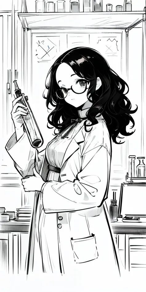 Absurd resolution, high resolution, (masterpiece: 1.4), sketch, monochrome, lineart, 1_girl, glasses, medium hair, black hair, long sleeves, holding test tube, high collar, blouse, forehead, wavy hair, [[no_bangs]], no bangs, parted hair, lab coat