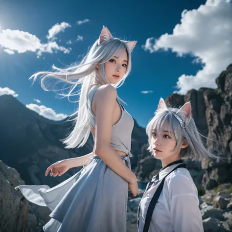 Silver-haired cat ears and wind