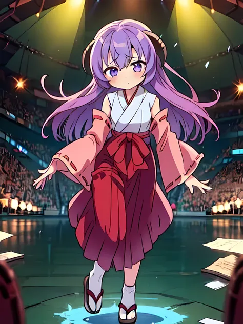 anyuu , (Troubled expression), 1girl, Alone, purple eyes, horns, long hair, purple hair, japanese clothes, miko, detached sleeves, hakama, hakama skirt, skirt, red hakama, ribbon-trimmed sleeves, concert、Idol, Concert Lighting, Full Body