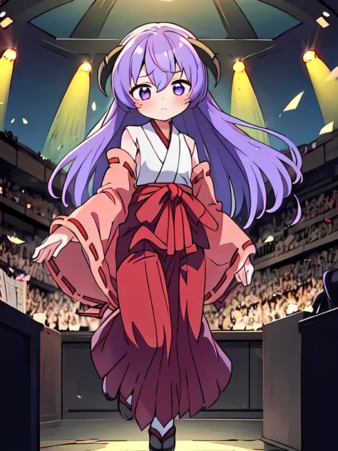 anyuu , (Troubled expression), 1girl, Alone, purple eyes, horns, long hair, purple hair, japanese clothes, miko, detached sleeves, hakama, hakama skirt, skirt, red hakama, ribbon-trimmed sleeves, concert、Idol, Concert Lighting, Full Body