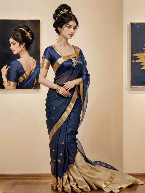 A stylized realistic illustration, best quality, full body portrait in the style of James Gurney, showcasing an elegant Indian woman with (warm brown skin:1.2), (kind eyes:1.2), and (sleek black hair:1.3) styled in a classic bun. She wears a (sapphire blue...