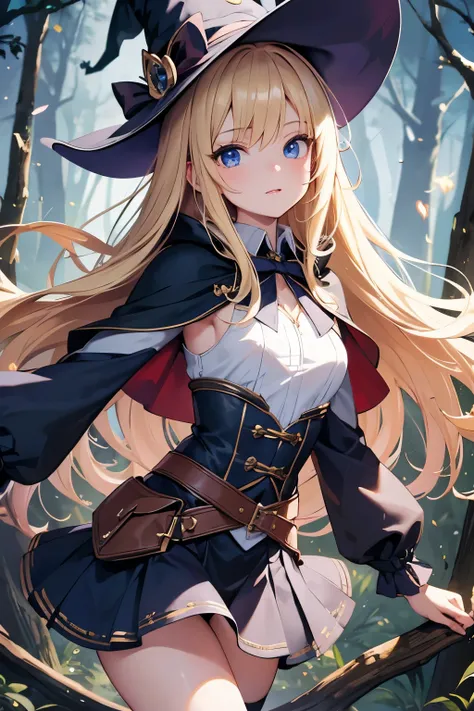 masterpiece,Best Quality, very detailed,beautiful girl, teenager,Witch Costume,Witch Hat,Cape,skirt,Outdoor,Mansion,Night Forest,Small breasts,Narrow waist,Blonde,Perfect Blue Eyes,Very cute,Active pose