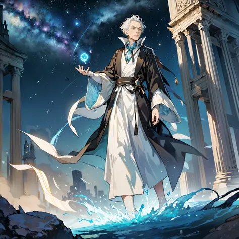 Illustrate a surreal scene featuring Immanuel Kant as the central figure, portrayed as an wise old man in scholarly robes with a futuristic twist. His clothing should shimmer with a subtle digital pattern, blending the ancient and the modern. Kant stands o...