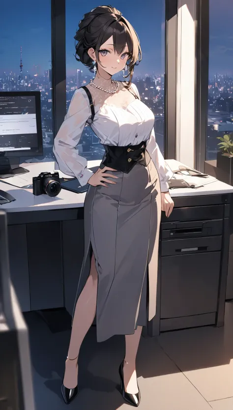 "office lady standing with full authority and unmatched beauty to be bent to her will, 3, height 163cm, business chic , victorian blouse, slender 63cm waist, full 93cm hips, shapely legs, clear fair skin (RGB: 255, 233, 209), oval face with soft features, ...