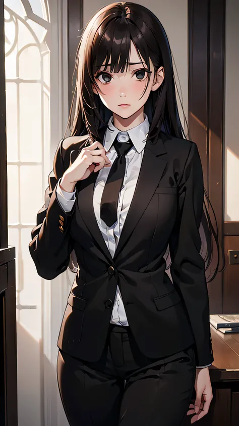 Adult women, Alone, sexy,8K resolution,((Best Quality)),Ultra-high resolution, (Grim expression), (Black eyes), A beautiful, symmetrical face, (Brown curly medium length hair),Office Jacket, suit pants ,Realistic:1.4,Realistic:1.4,(masterpiece:1.2), perfec...