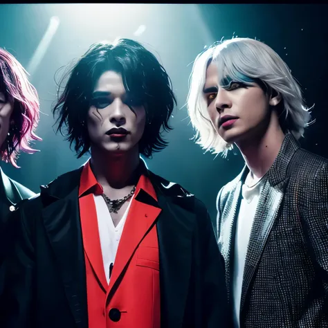 , 3 men in a visual rock band with flashy hair and makeup、Standing in the dark with sharp expressions 。。