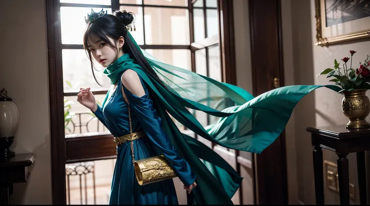 A woman in a blue dress with a long green scarf,  Beautiful character drawings, Beautiful fantasy empress, Jan J, style of Art Gelm, Art Gelm and ruan jia, extremely detailed Art Gelm, trending Art Gelm, Art Gelm.  anime illustration, ruan jia and Art Gelm...