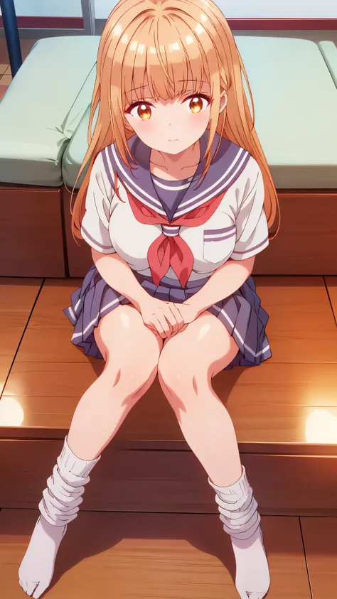 An anime girl is sitting on the stairs with her legs crossed (Best Quality:1.2,  very detailed, up to date, Vibrant, Ultra-high resolution,  high contrast, masterpiece:1.2, Best Quality, Best aesthetics), (((1 girl))), Redhead girl,  Brown Eyes , Shy blush...