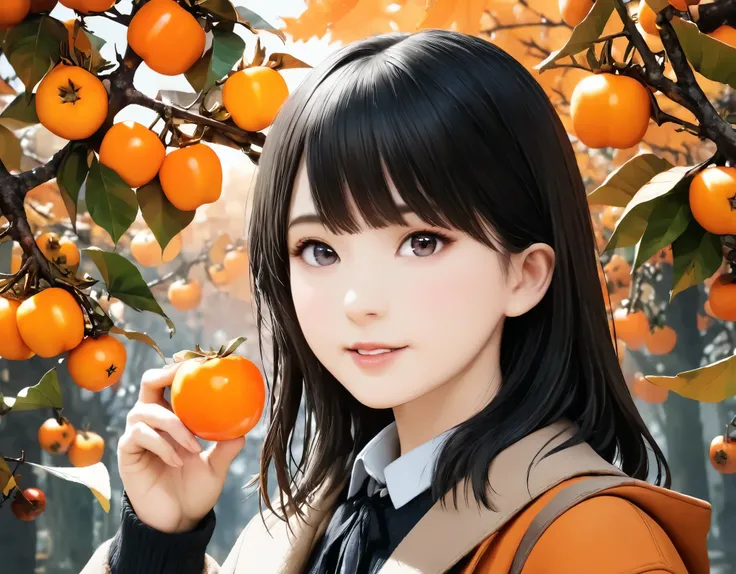 (best quality, 8k, high resolution:1.2), 1girl, persimmon, autumn, upper body