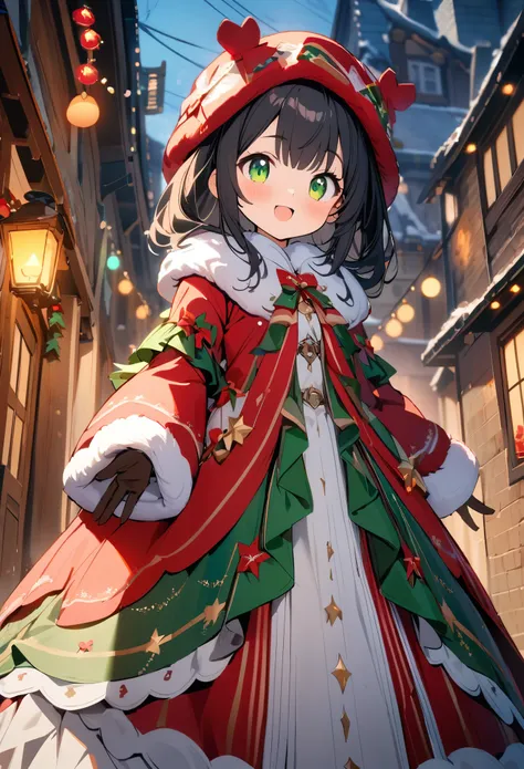 1girl, long black hair, green eyes, gorgeous colorful beautiful long Complex christmas gown with embroidery and many layers, long sleeves, white embroidered gloves, neck fur collar, headwear, village streets, masterpiece, best quality, 8k, cute, adorable, ...