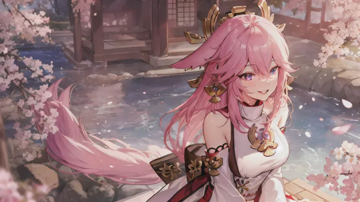 La mejor calidad, Calidad asombrosa, muy estético, 1girl, Yae Miko sitting on her knees, pink silky long detailed hair, her sideways traditional fox ears, the background is the center of a calm shrine showered in light and blossom petals, smiling face, per...