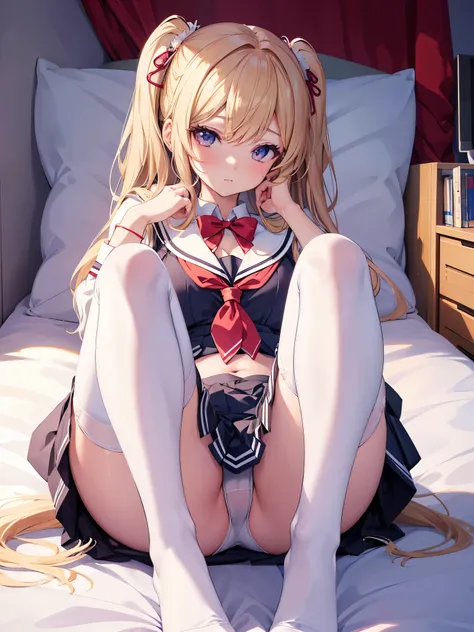 Anime girl lying in bed、put your hands on your stomach,  HYPERREAL SCHOOL GIRL ,  HYPERREAL SCHOOL GIRL , Realistic school girl, Naughty,  anime girl crouching , detailed!!,  beautiful anime girl is crouching, Giantess Art,  Anime Barbie in White Stockings...