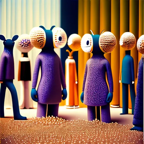   Sandy Skoglund Style 、blank 、濃紺色にペイントした無数のアリの群れをblank に配置している、Group of mannequins staring at a group of ants 