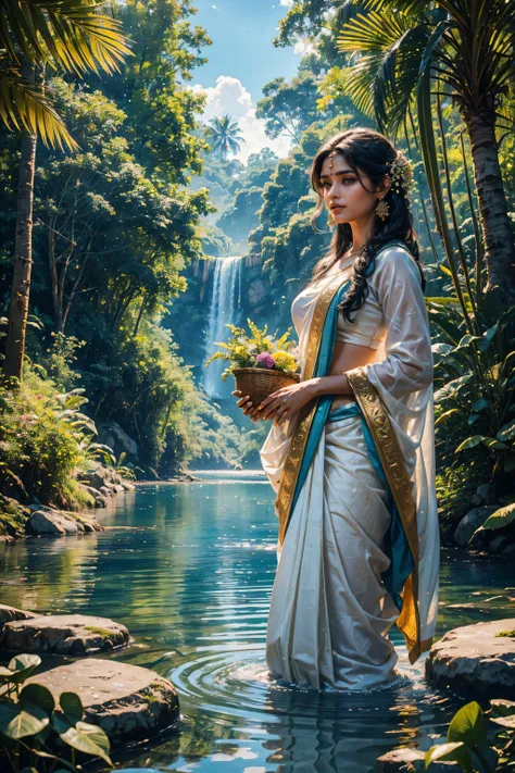 A beautiful Indian woman standing in Kerala, India, wearing a traditional white saree, with a stunning natural backdrop of a blue sky, lush forest, and a serene lake with a boat, (best quality,4k,8k,highres,masterpiece:1.2),ultra-detailed,(realistic,photor...