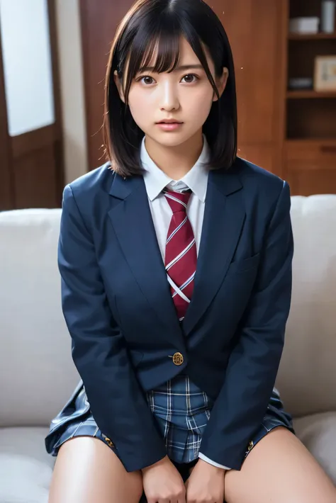 (8k, RAW Photos,Best Quality,  High Resolution :1.1), (超Realisticな:1.4),(Realistic, Realistic:1.3),Japanese beauty 1 girl, Alone, necktie, spread legs, skirt, sitting, school uniform, looking at viewer, plaid, presenting, brown eyes, jacket, socks, striped...