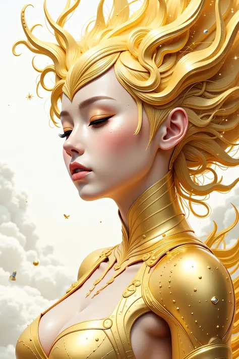 ((best quality)), ((masterpiece)), (detailed), perfect face of cyberpunk mecha japanese girl, shiny gold eyes, shiny gold body, shiny gold hair, ((monochromatic metallic gold color palette)), surreal, art nouveau, in the illustrative style of moebius, spac...