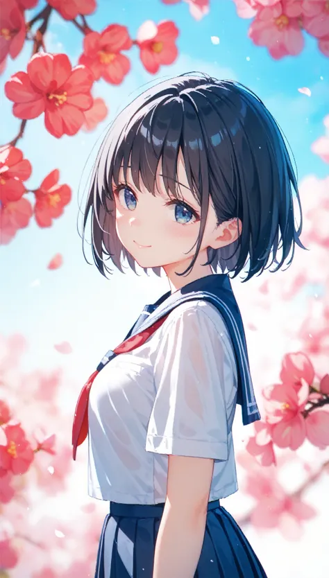 A girl, watercolor, blurry, blurry line, black hair, short hair, shy smile, open eye, slightly look up, , school uniform, from side, cherryblossom background, blue pleated skirt