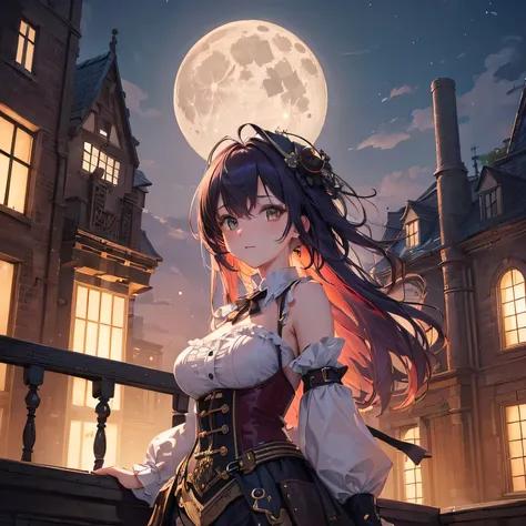 (upper body:1.5),(masterpiece:1.3),(best quality:1.3),sexy underwear,(high resolution:1.2),8k,cute lace underwear,colorful hair,medium breast,full moon ,Full moon filling the screen, Steampunk,fullbody,Woman standing on the roof of a building looking down