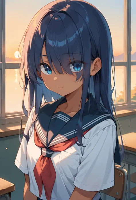 Eyes visible through hair / bangs,( hair that hangs over one eye),、blue eyes,(cute tanned girl),((School uniform))，Navy blue long hair，(Beautiful sunset)