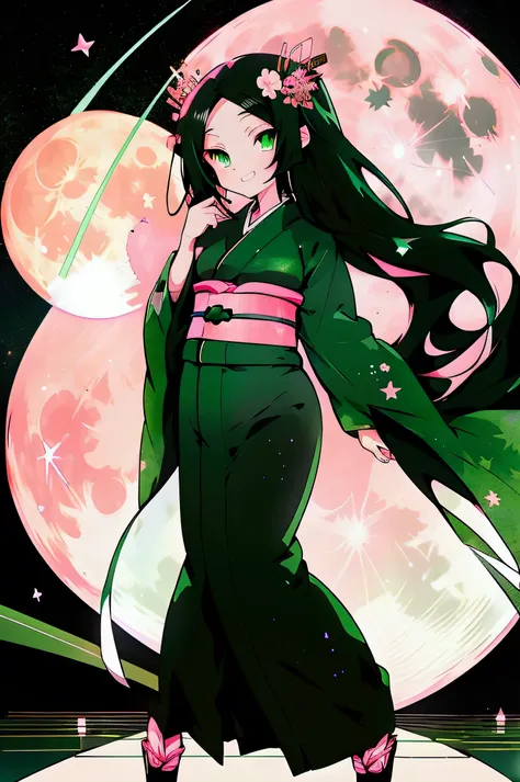 ((Best Quality、8k、Masterpiece:1.3)), Japanese anime style,people々girl,1 person,1 personで,((Petite,Glamorous Body,curve)),cute,Grin,(((((Beautiful long black hair)), beautiful emerald green eyes ,(((( wear a kimono made of pink fabric,Dancing in the moonlig...