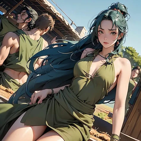 nsfw, very wide shot, anime screencap, 16k, perfect anatomy proportion body,  Dynamic composition with a sense of speed and dynamism, (Many people wearing olive-colored loincloths doing farm work in the background:1.6), 40age, perfect beautiful delicate se...