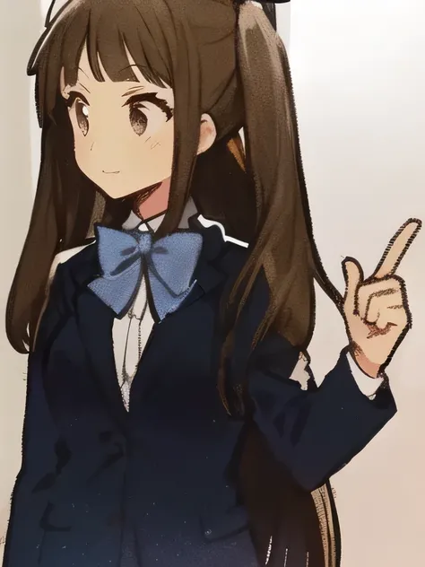 Anime girl in a blue jacket and bow tie pointing at something, Female protagonist 👀 :8,  Kitagawa Marin Fan Art, Maya Faye from Ace Attorney,  hyuga hinata , Nagatoro, Heavy gesture style close-up, Chiaki Mi from Danganronpa, Phoenix Wright&#39;s Ace Attor...