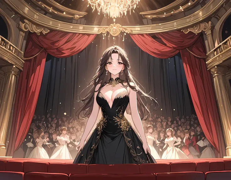 ((best quality)), ((masterpiece)), (detailed), perfect face, (best quality), (detailed skin:1.3), (intricate details), bust chart, A female opera singer on stage at a grand opera house, wearing an elegant, floor-length gown with intricate detailing. She ha...